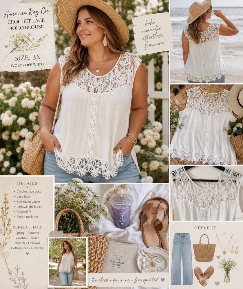 American Rag Cie 3X Ivory Crochet Lace Boho Peasant Blouse Rayon Cottagecore Y2K