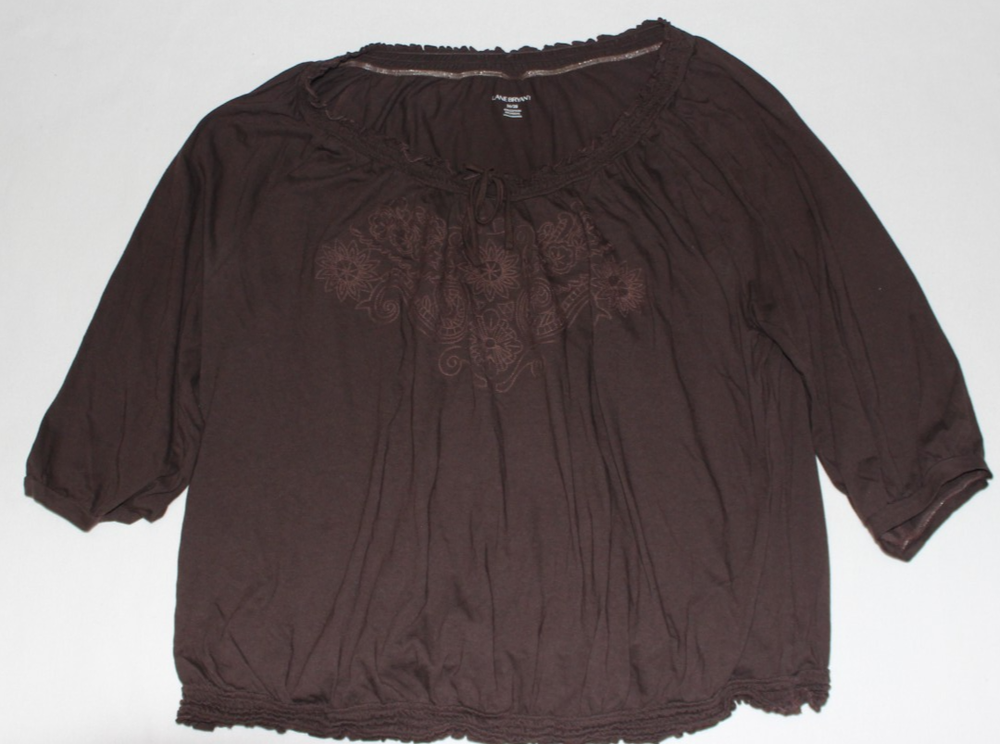 Lane Bryant Women's Blouse Size 26/28 Brown 3/4 Sleeve Embroidered Floral Ruffle