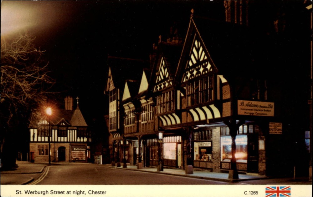 St Werburgh Street at night Chester England UK ~ Tudor design vintage postcard