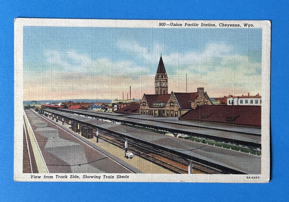 Cheyenne Wyoming WY Vintage Linen Postcard Union Pacific Station from tracks