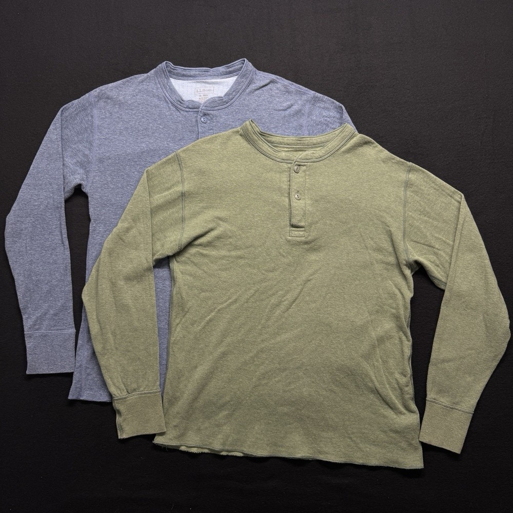 2 - LL Bean Thermal Henley River Driver Wool Cotton Shirt Men’s M Green/Blue