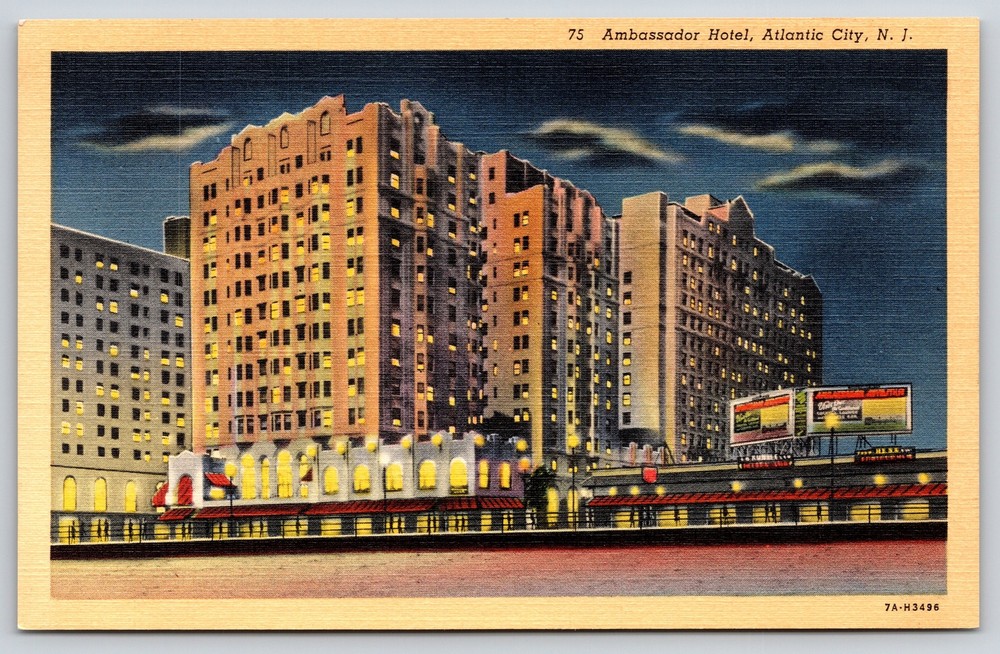 Atlantic City NJ~Ambassador Hotel At Night~View From Beach~Vintage Linen PC