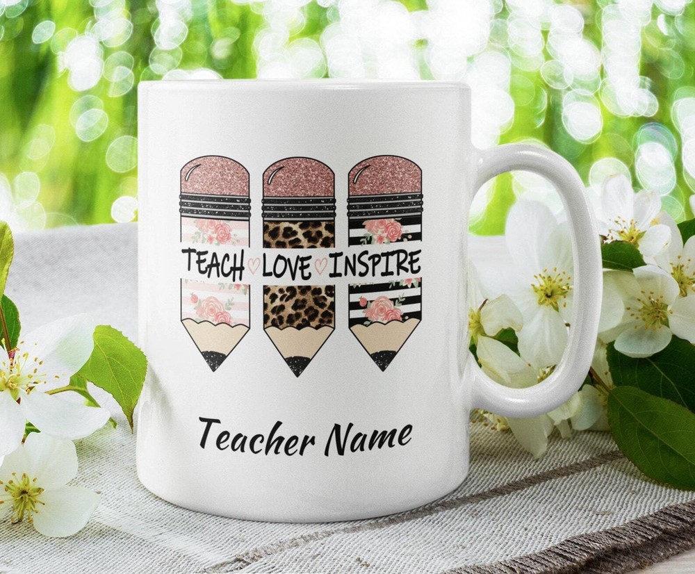 Personalized Teacher Mug Teach Love Inspire Custom Name Coffee Mug (11 Or 15oz)