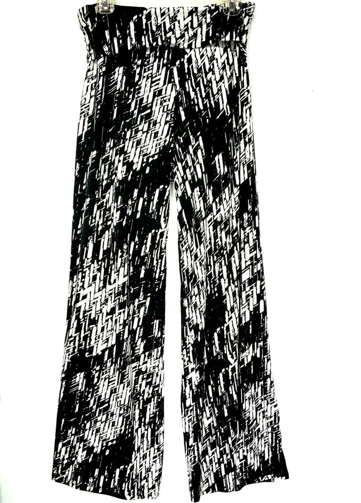 New Directions Womens Small Black White Abstract Palazzo Wide Leg Pull On Pants-image