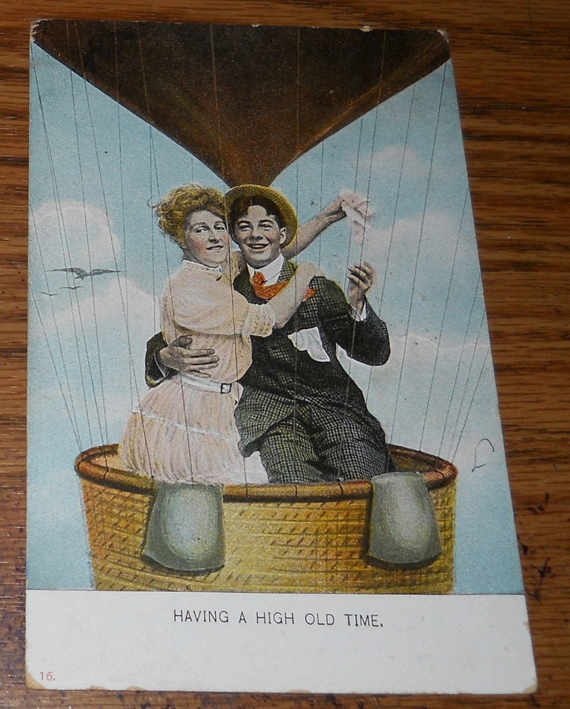 1909 Postcard Couple in Hot Air Balloon 