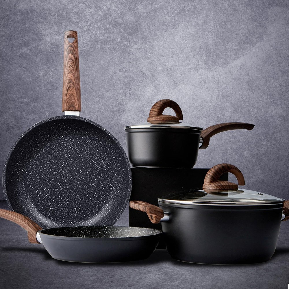 Non Stick Ceramic Pots and Pans Set with Granite Pattern Kitchen Cookware