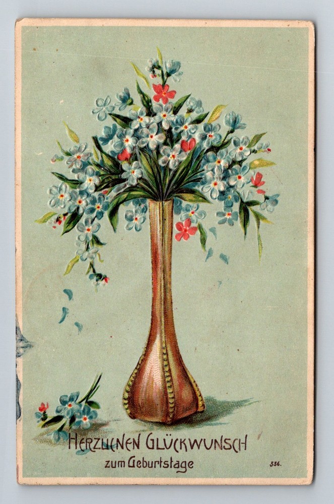 Germany- Happy Birthday Greetings Flowers & Vase Post Old Card Vintage Postcard