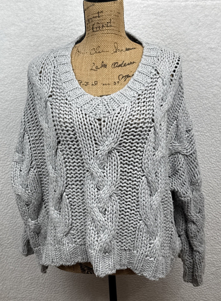 Altar'd State Sweater Cropped V Neck Chunky Knit Pullover 3/4 Sleeves Small