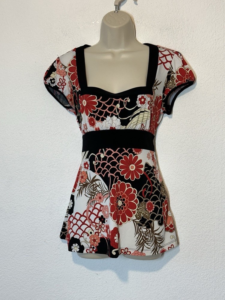 Speechless Y2K Babydoll Empire Top Tie Back Red Black Asian Inspired Whimisgoth