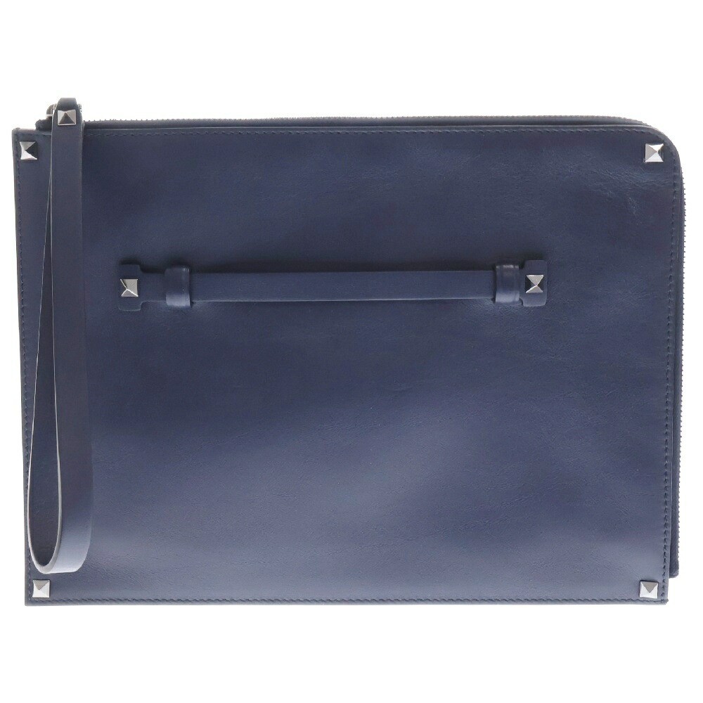Valentino Navy Blue Studded Leather Clutch My2P0635Vh3 Used in Excellent Condition