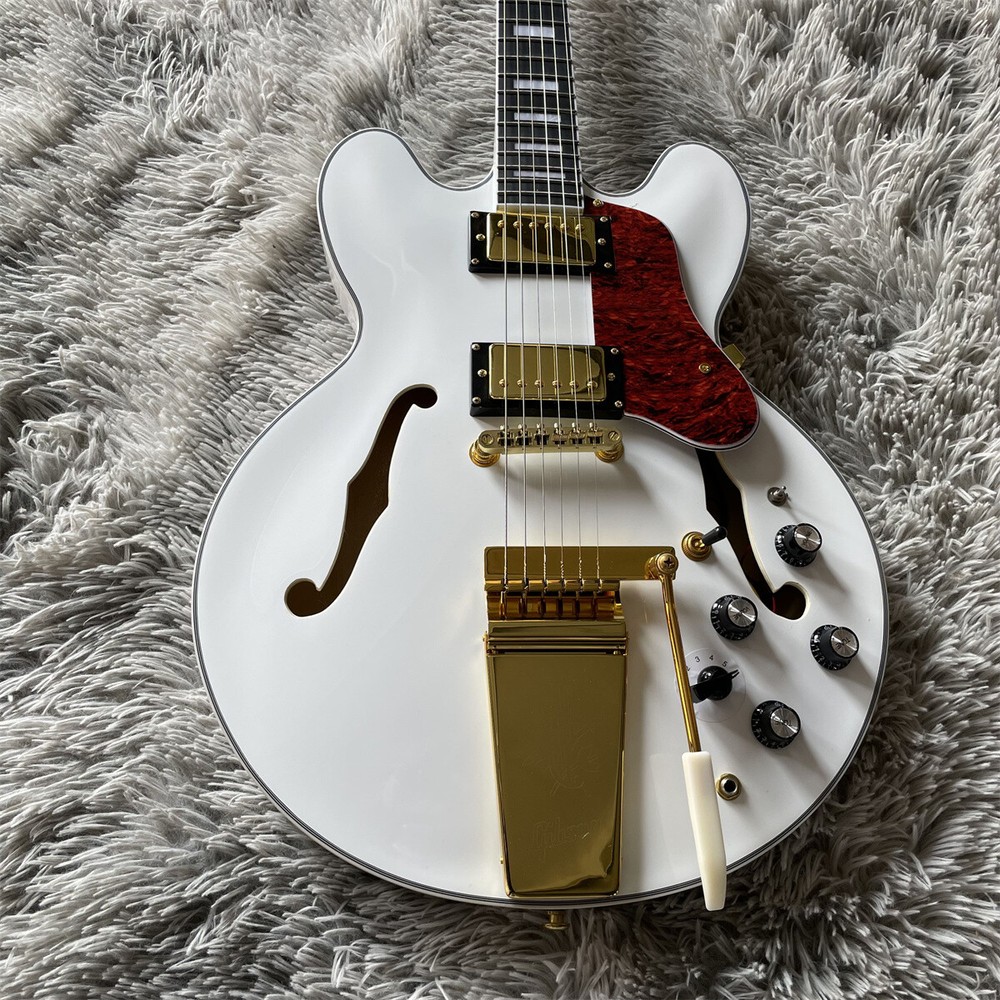 Custom White ES-335 Semi-Hollow Electric Guitar with HH Pickups & Jazz Bridge
