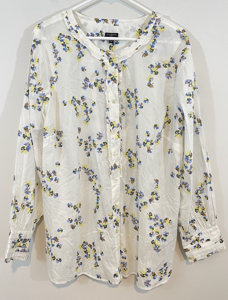 NEW Talbots blouse top Womens sz 2X White Floral Ruffle Long Sleeve button up