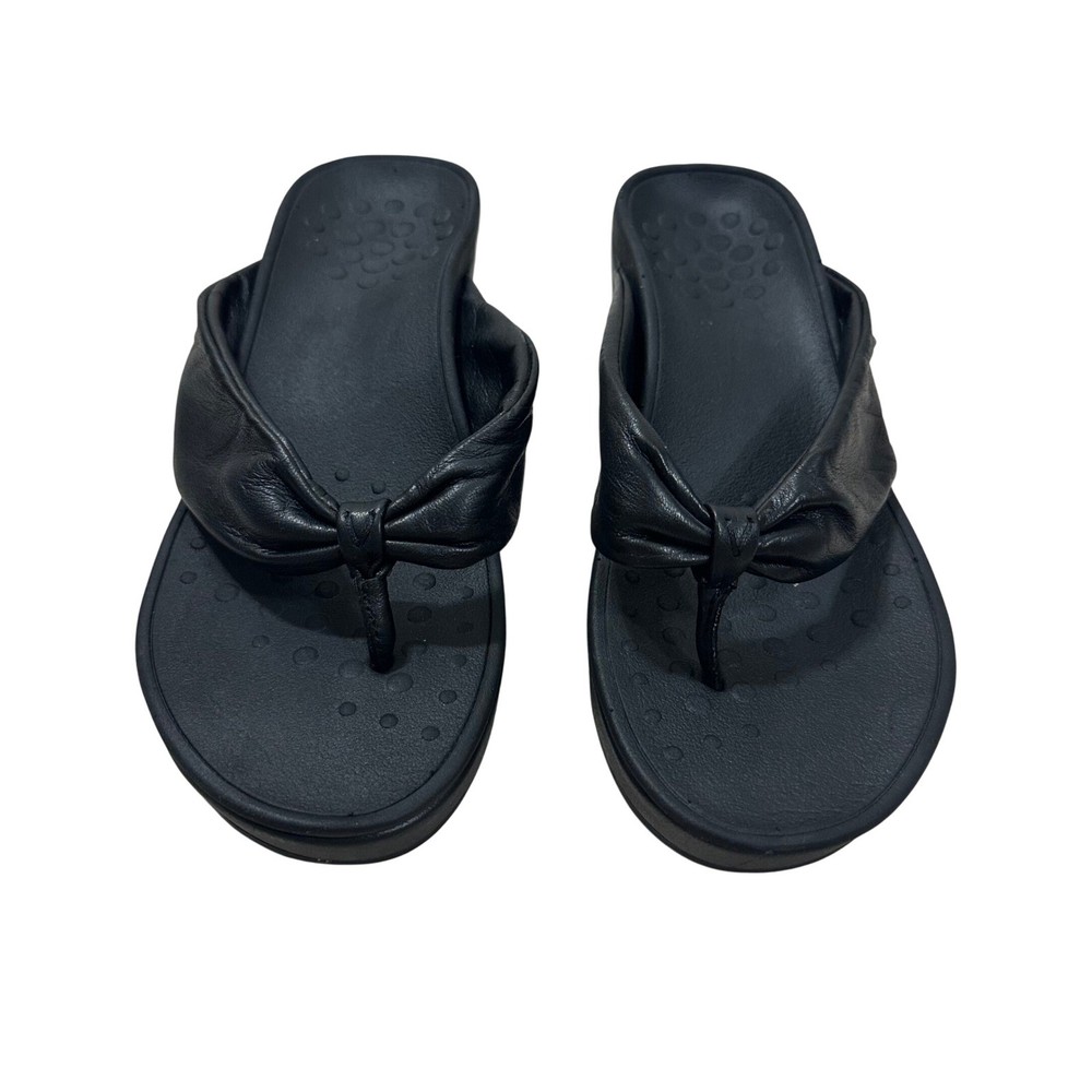 Vionic Womens Arabella Black Leather Thong Wedge Sandals Size 6 Comfort Toe Post