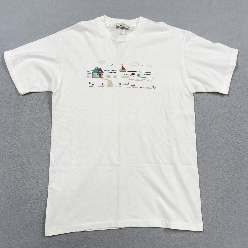 Vintage Orvis Shirt Mens Large White Beach House Sailboat Graphic Tee Nautical