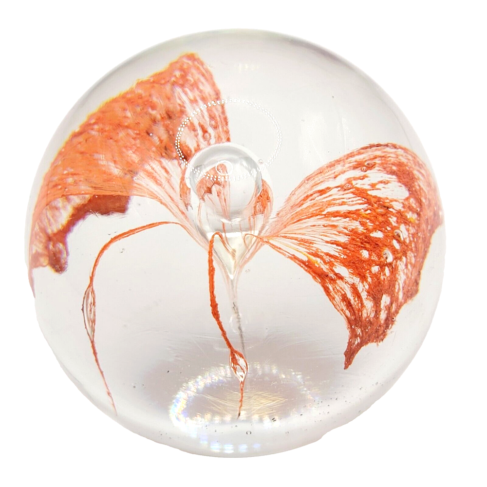 Art Glass Paperweight Orange Abstract Design Flower or Insect with Bubble Clear-image