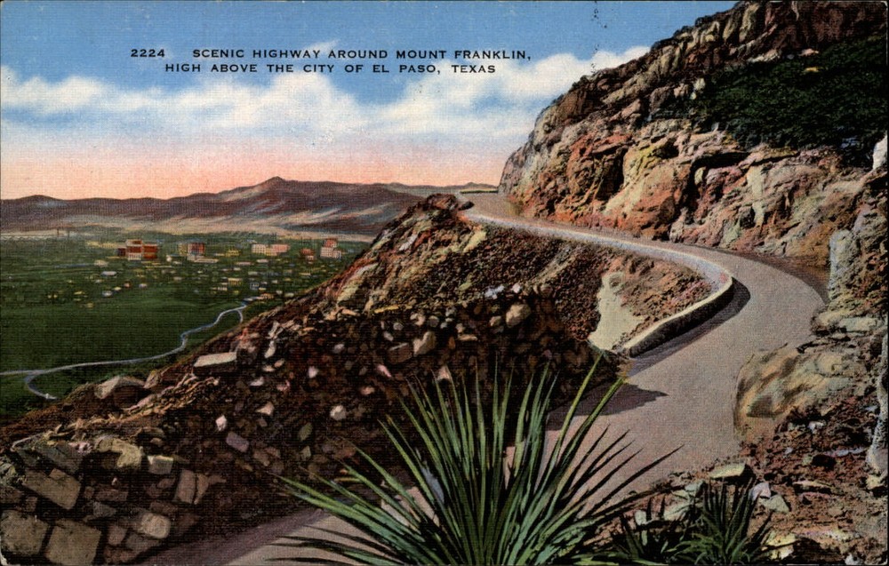 Highway Mount Franklin above El Paso Texas TX ~ yucca 1940s linen postcard