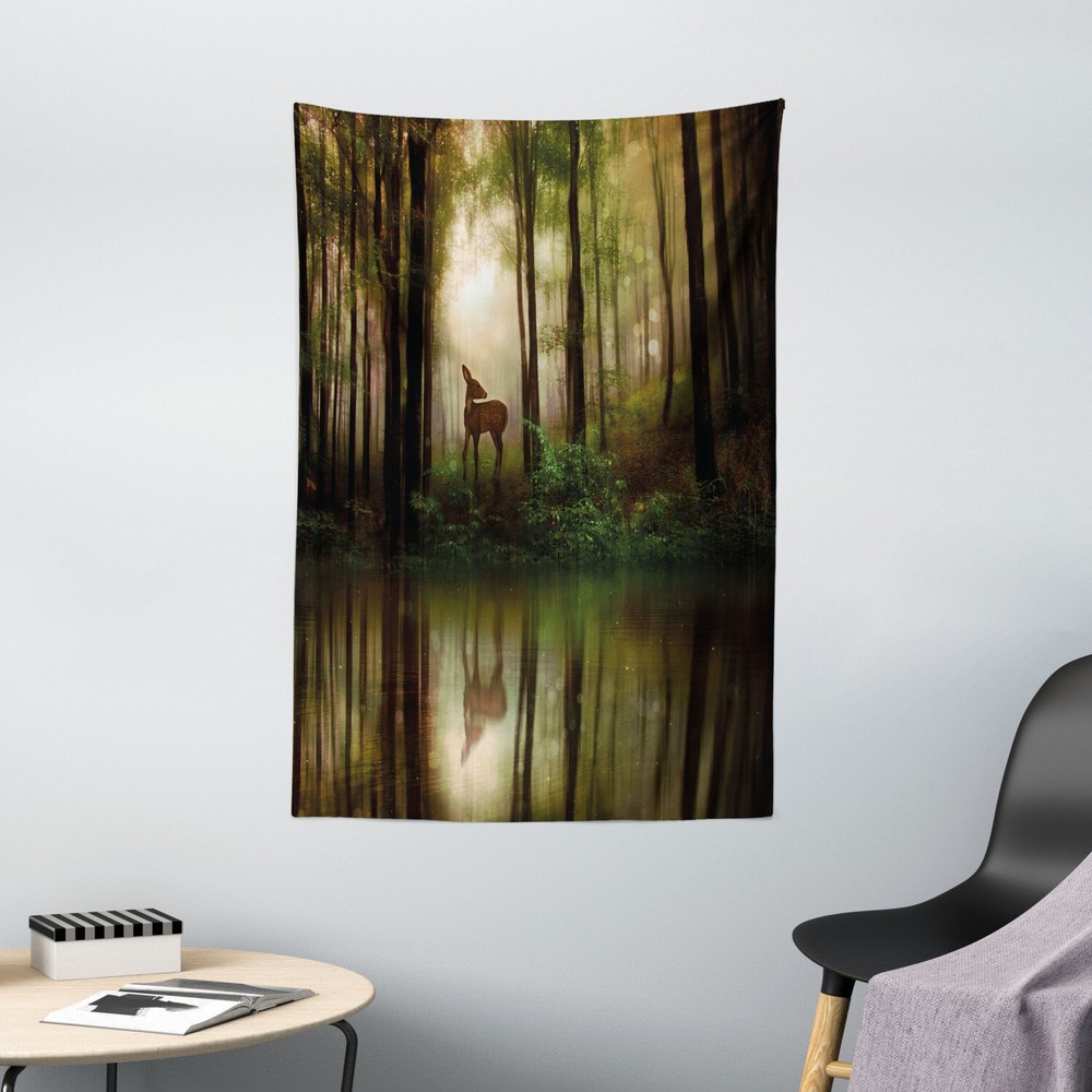 Forest Tapestry Baby Deer Foggy Lake Print Wall Hanging Decor