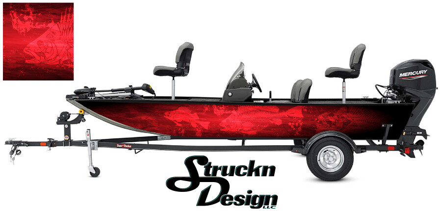 Graphic Abstract Fishing Bass Boat Wrap Decal Vinyl Pontoon Fish Skeletons Red-image