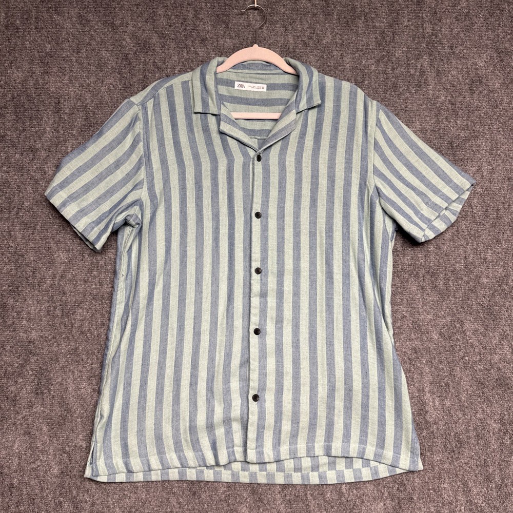 Zara Men’s Large Blue Green Striped Short Sleeve Button Up Shirt