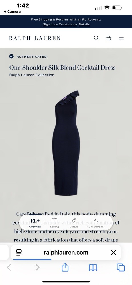 Ralph Lauren Purple Label Silk Cocktail Dress, One Shoulder, Ruffle Size M/L ￼