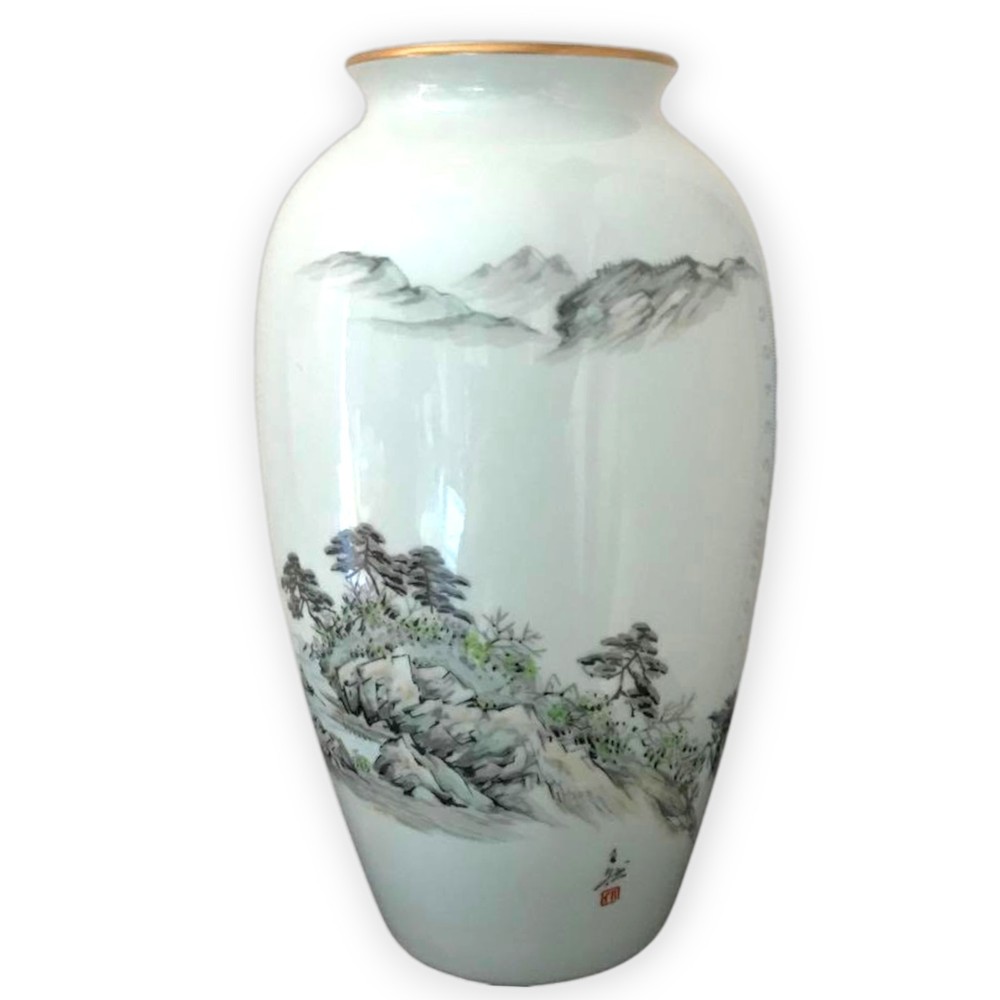 Arita Porcelain Vase Fukagawa Seiji Japanese Vintage Ceramic Jar Landscape 8.6in