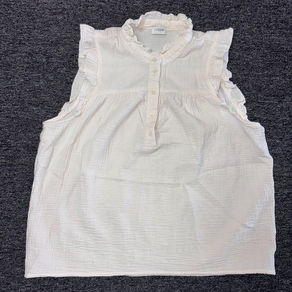 J Crew Anthropologie Sleeveless Ruffle Garden Soft Gauze Blouse Top Sz S/M White