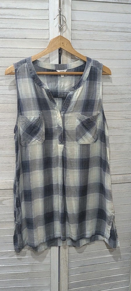 Sonoma XL Blue Plaid Sleeveless V-Neck Cotton Tunic Pullover Lightweight Top