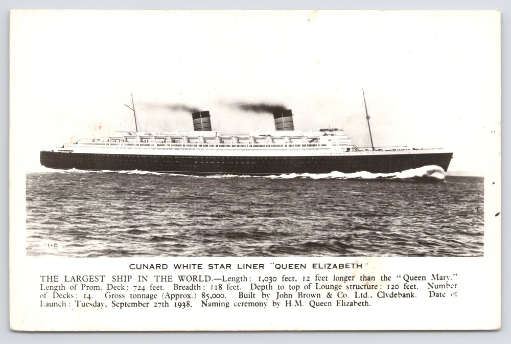 Transportation~Cunard White Star Liner Queen Elizabeth B&W~Vintage Postcard