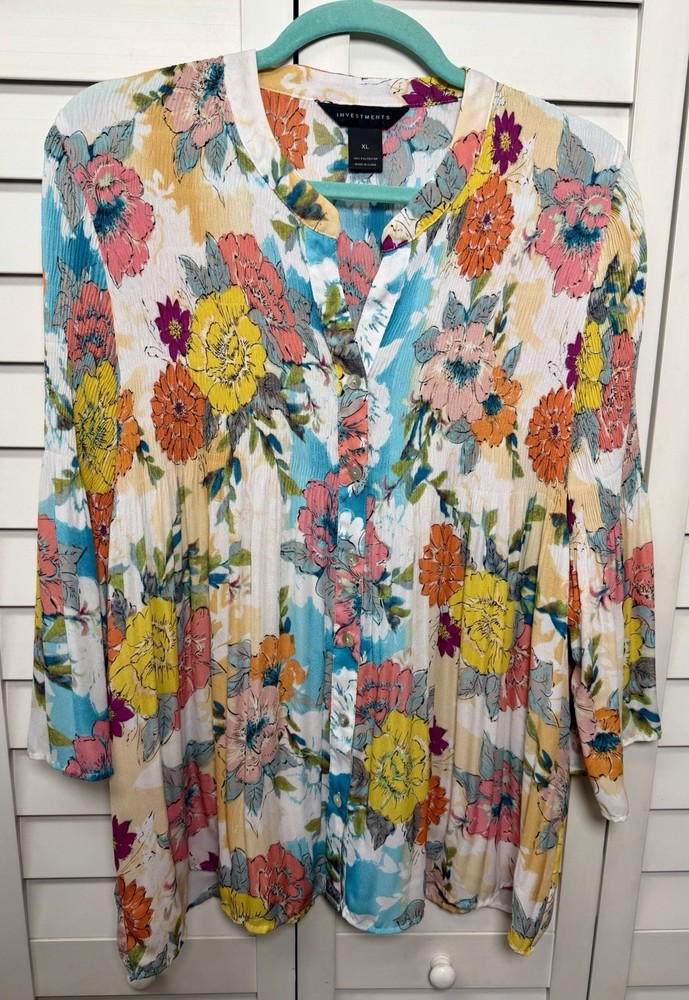 Investments Floral Flare Sleeve Pleated Button Down Top Boho Women’s Size 1X