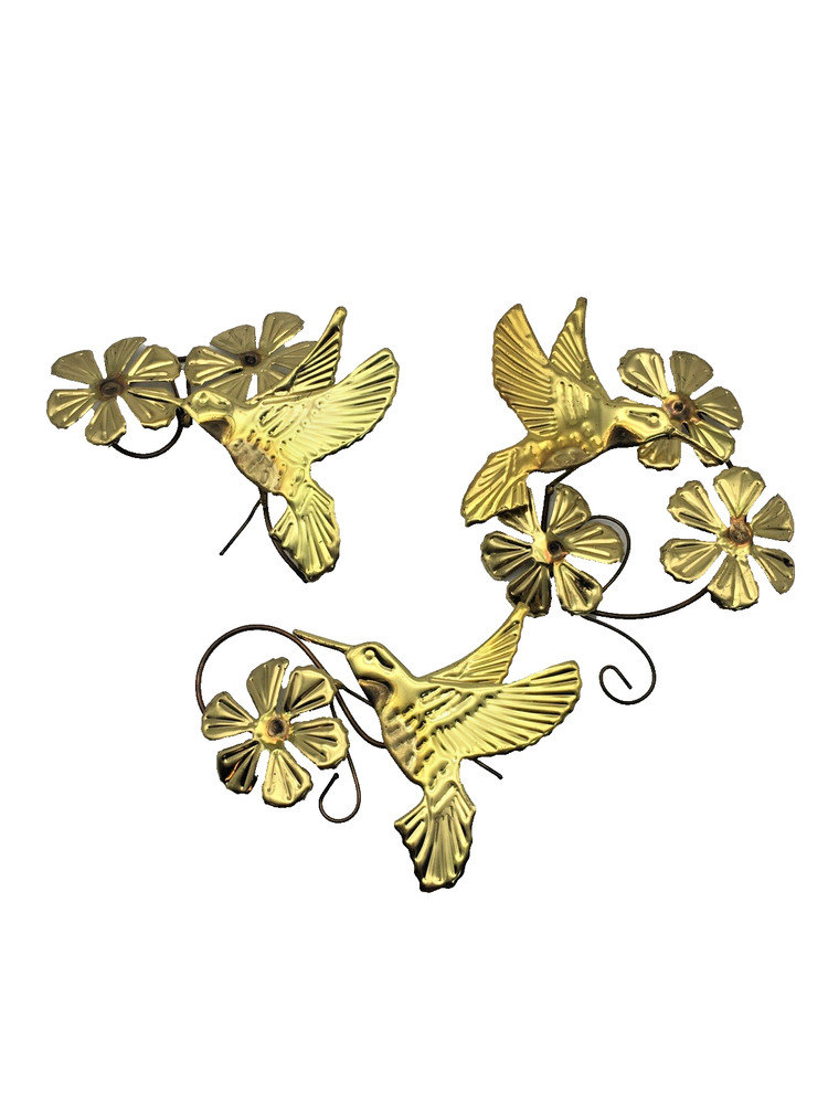 Vintage Homco Gold Tone Metal Hummingbird And Flower Wall Art Decor Set Of 3
