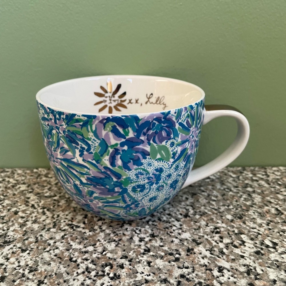 Lilly Pulitzer Coffee Mug 12 oz Blue Green Gold Trim Tiger Lily Floral Lion