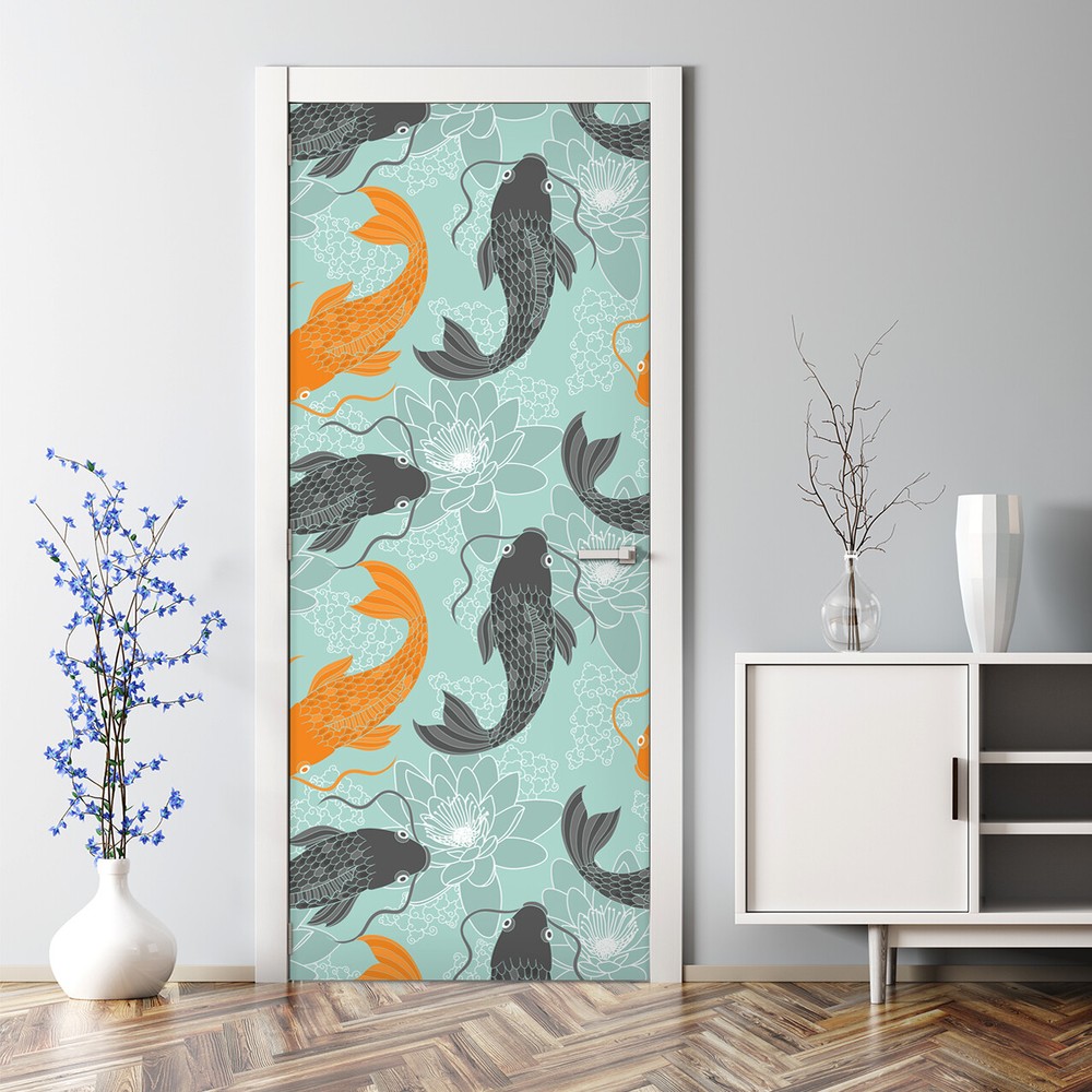 Chinese carp bubble-free door sticker in orange and grey traditional decor decal