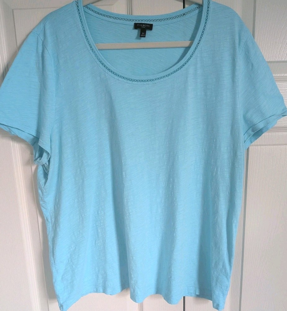 Talbots Women's Plus Size 3X Lt Blue Cotton Slub Knit Casual Short Sleeve Shirt