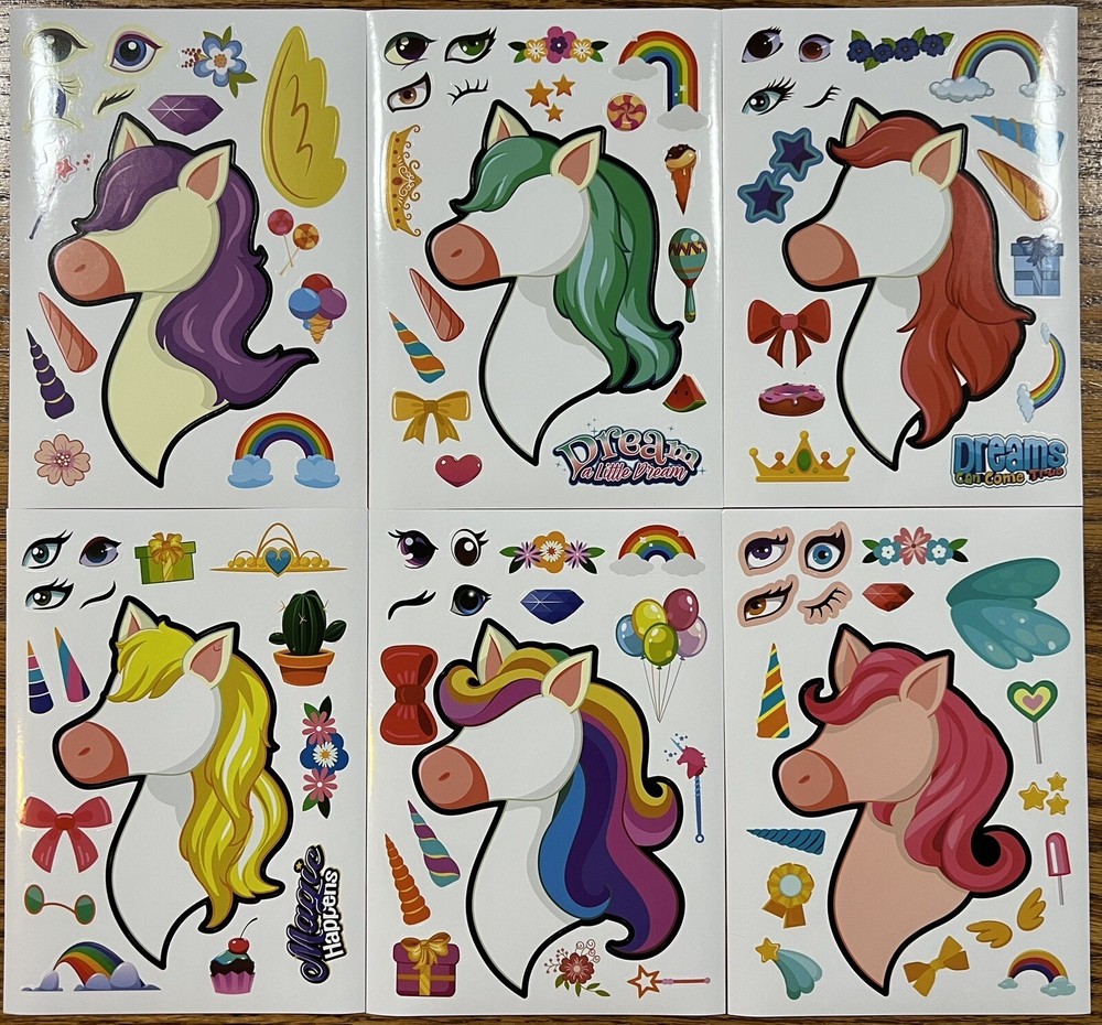6 Unicorn Make A Face Stickers 6 Sheets Scrapbook Crafts Kids US Seller