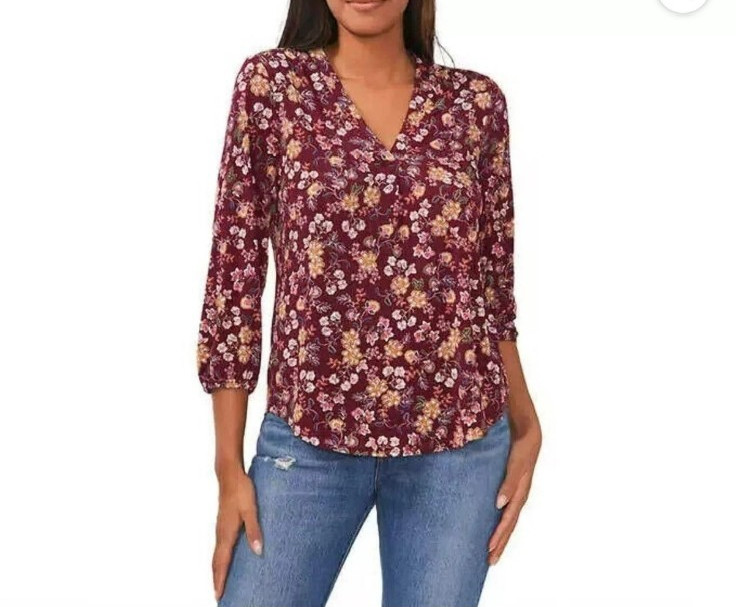 Vince Camuto Women's V-Neck Top 3/4 Sleeve Relax Fit Burgundy Floral Blouse L