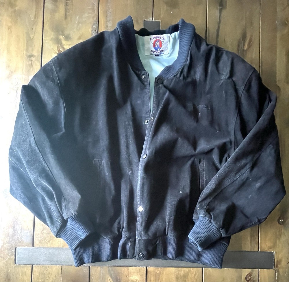 Vintage 90s Camel Black Leather Suede Bomber Jacket Blue Satin Liner (Mens XL)