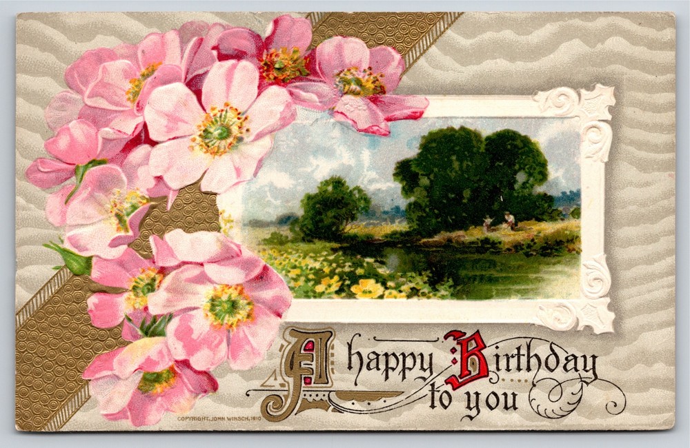 Birthday~Calligraphy~Pink Anemones~Framed Landscape~Gold~Emb~John Winsch~1911 PC