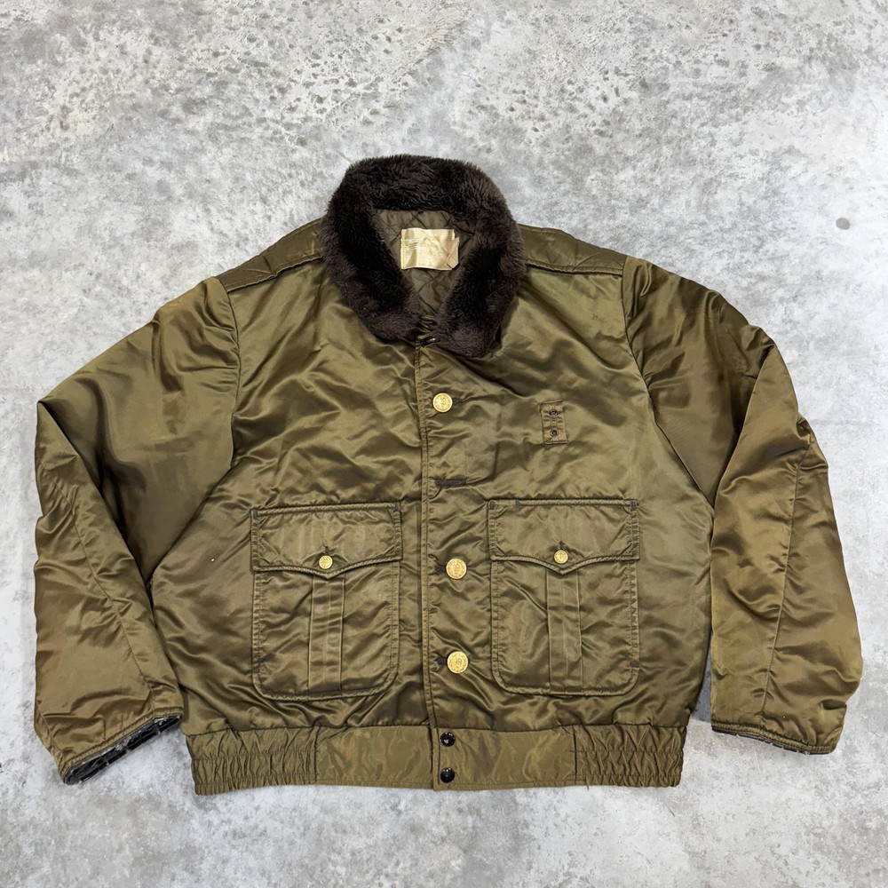 Vintage Fechheimer Bros Jacket Mens 44 Green Nylon Bomber Fur Collar Insulated
