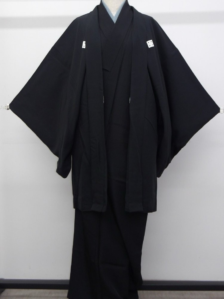 Vintage Japanese Mens Pure Silk Kimono & Haori Jacket Set Black Crest Mt Fuji