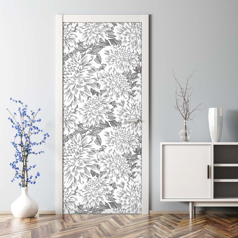 Black and White Geometric Floral Dahlia Door Wrap Mural Self-Adhesive Graphite Design