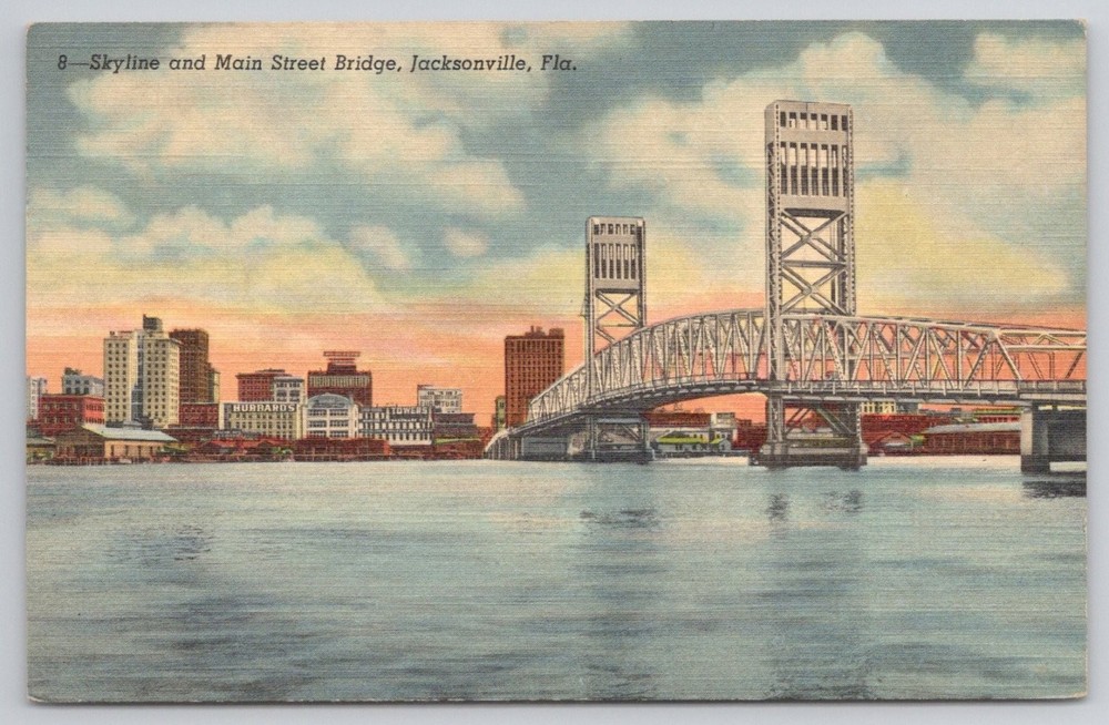 Vintage Jacksonville FL Main Street Bridge Skyline Linen Postcard Curteich 1940s