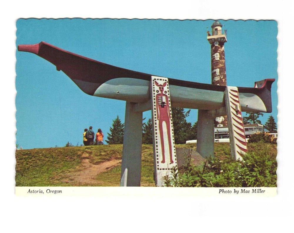 Astoria OR replica of Indian burial canoe & monument to Chief CONCOMLY postcard