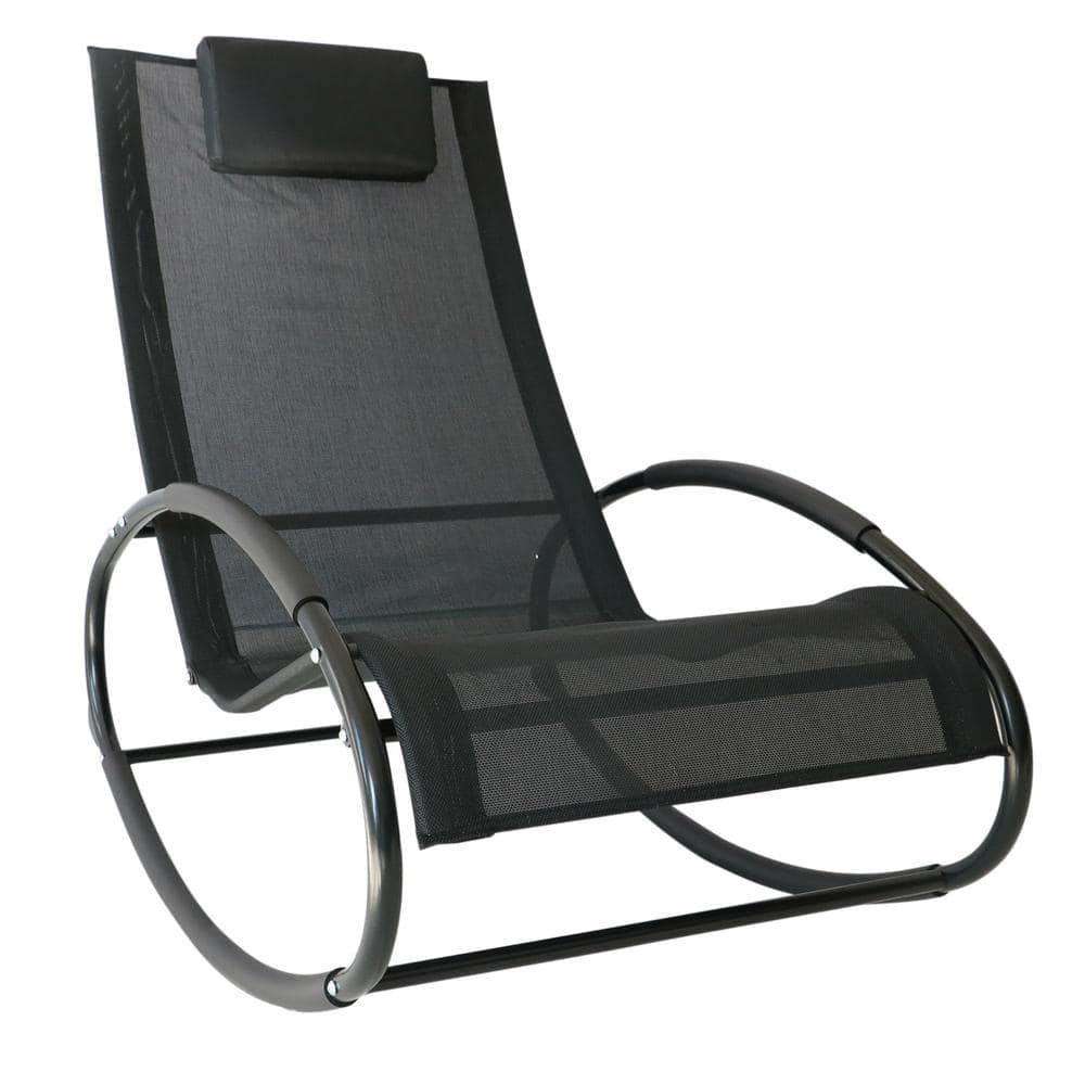 Black Steel Zero Gravity Rocking Patio Lounge Chair with Sling Seat for Poolside Relaxation