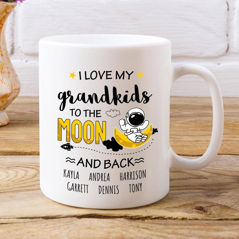 Personalized Gift For Grandma Or Grandpa. Custom Grandkids Names Coffee Mug Moon