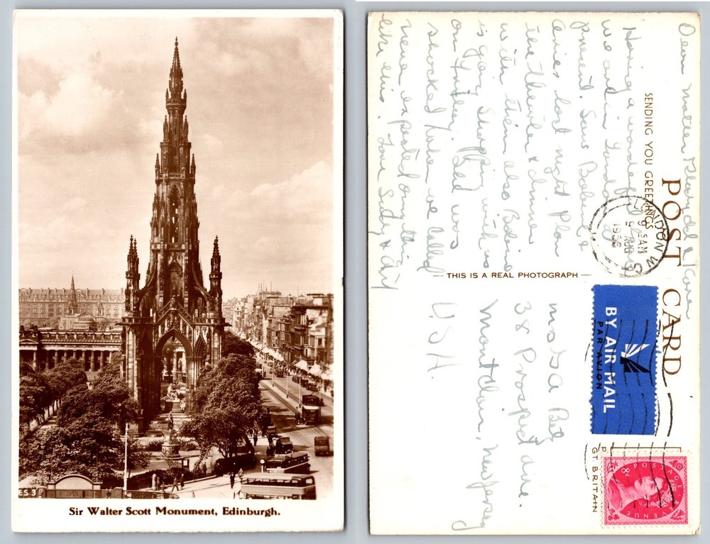 Sir Walter Scott Monument Edinburgh Scotland Real Photo Postcard 1956 RPPC