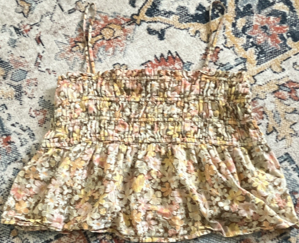 American Eagle Outfitters Floral Smocked Cotton Cropped Tank Top Multicolor L