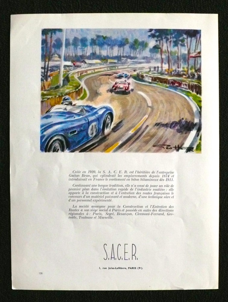 GEO HAM 1956 Le Mans 24 Hr Aston Martin DBR1 '57 S.A.C.E.R. Orig 9x12 Ad Advert