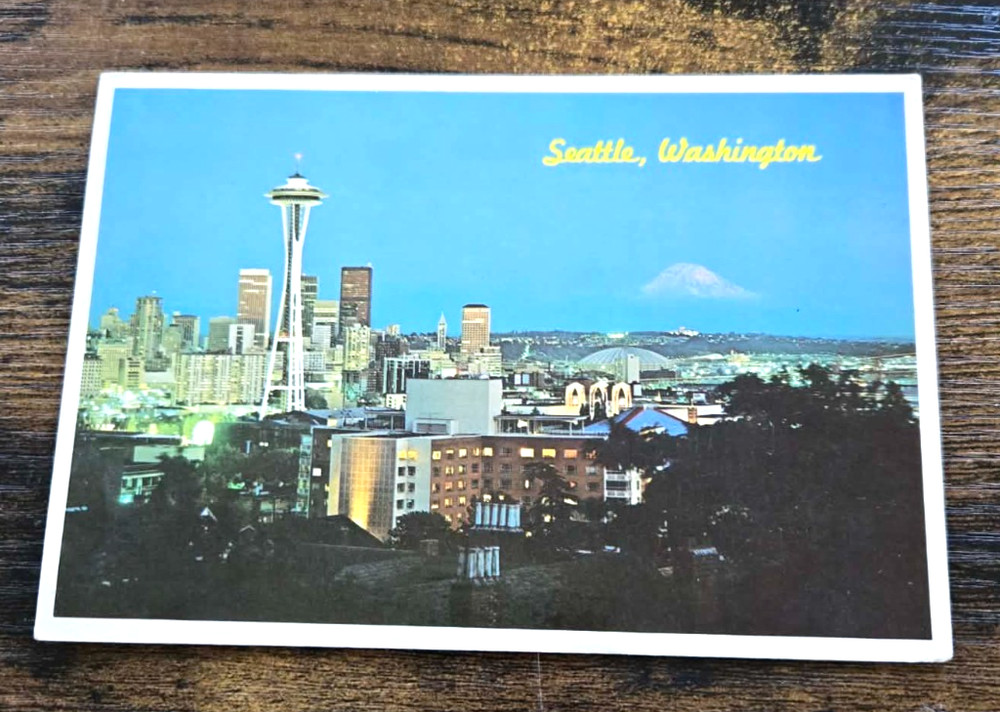 Seattle Skyline at Night Queen Anne View Washington Vintage Postcard