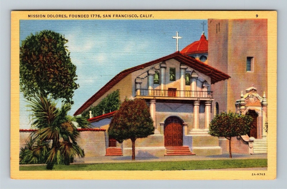 San Francisco CA-California, Historic 1776 Mission Dolores, Bells Linen Postcard