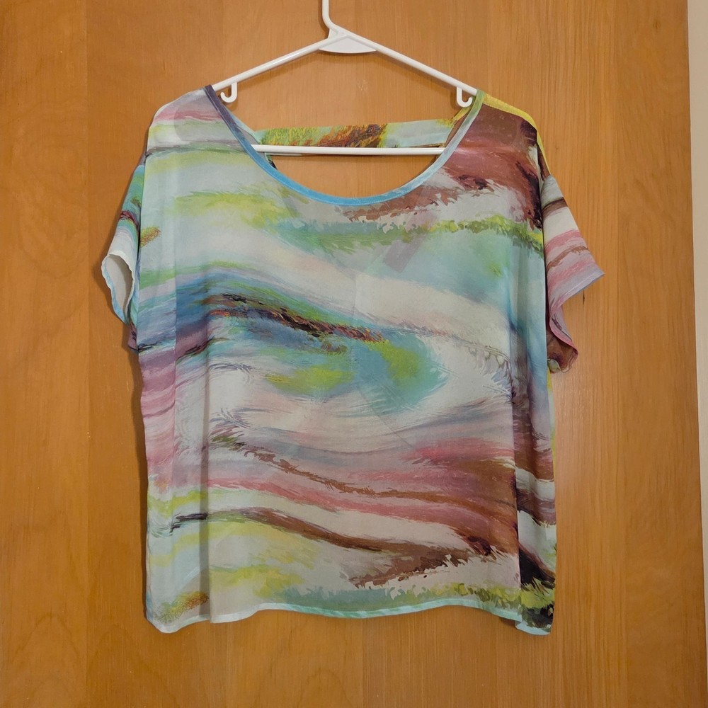 Akira Cropped Sheer Boxy Top Womens M Open Back Watercolors Artsy Y2K Festival